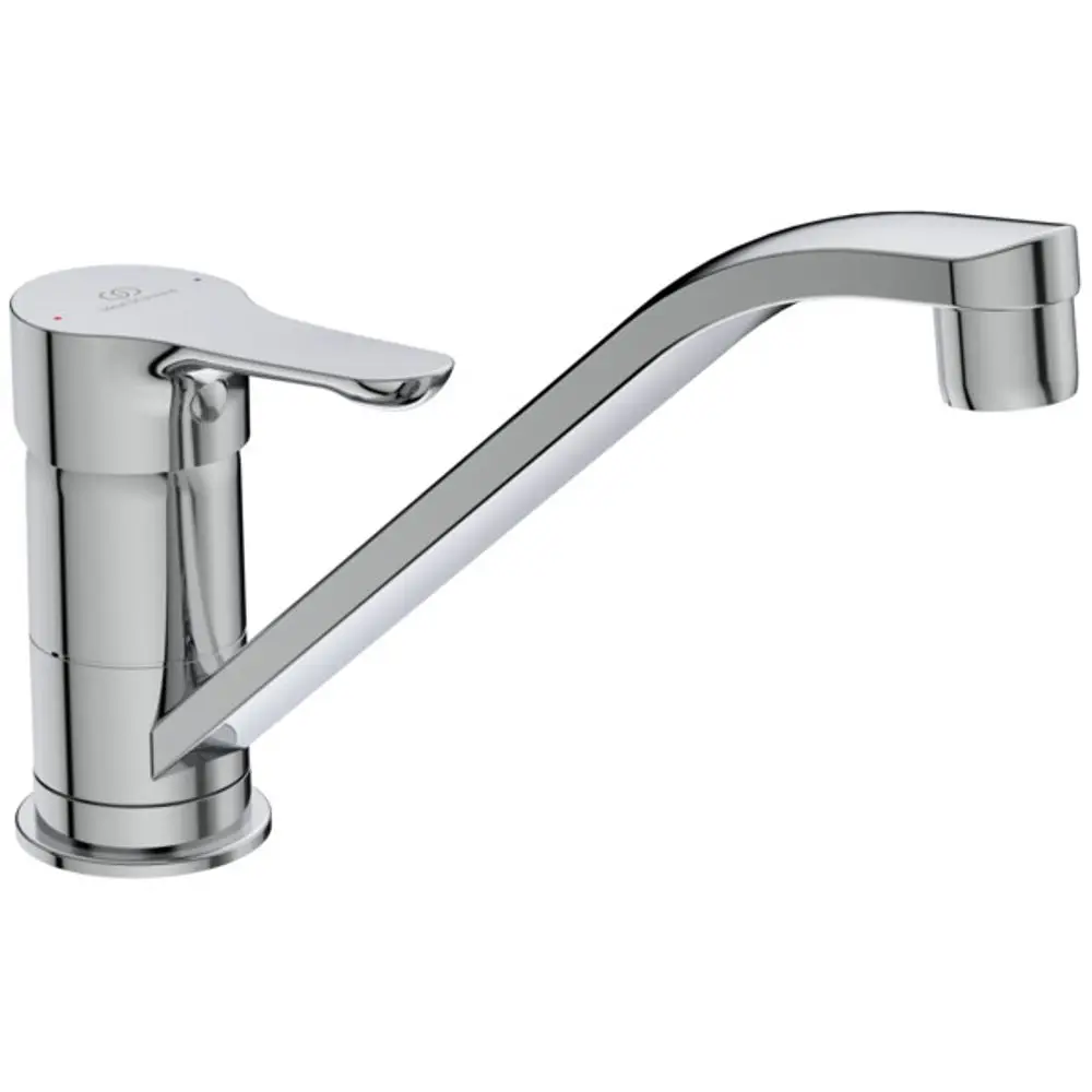 Küchenarmatur in Chrom von Ideal Standard mit einem schlichten, gebogenen Auslauf und einem Einhebelhebel zum Regulieren von Wasserfluss und Temperatur.